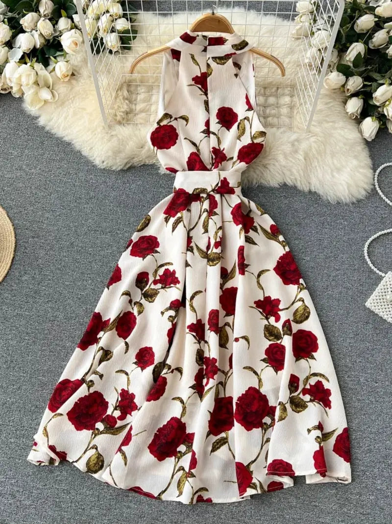 Vintage Floral Halter Dress Elegant Goddess Style with Tie Waist & V Neck