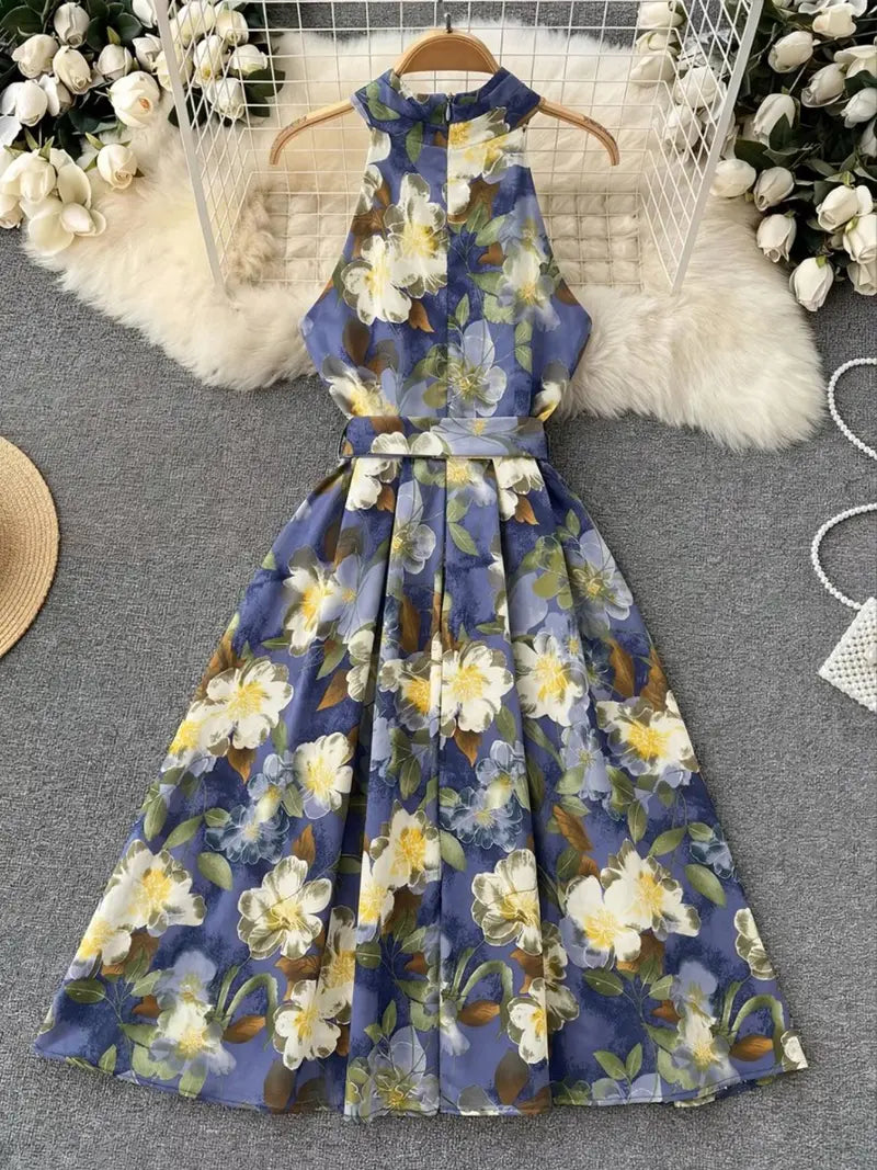 Vintage Floral Halter Dress Elegant Goddess Style with Tie Waist & V Neck
