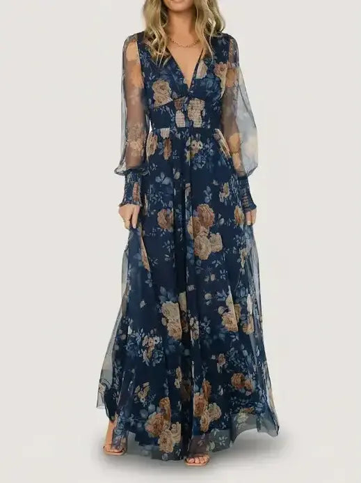 Layla Tulle Casual Maxi Dress | Blue + Golden Floral