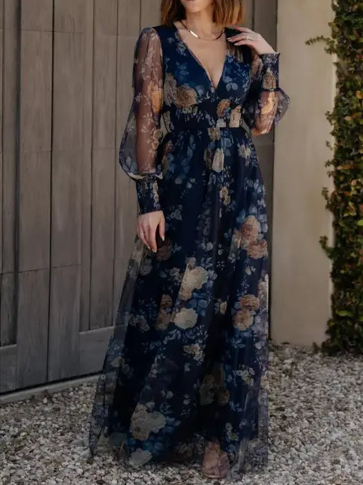 Layla Tulle Casual Maxi Dress | Blue + Golden Floral