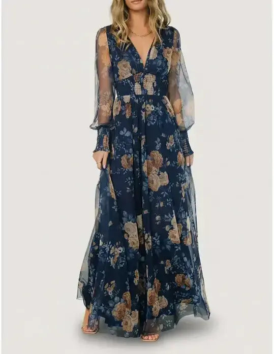 Layla Tulle Casual Maxi Dress | Blue + Golden Floral