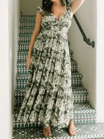 Vintage Garden Floral Tiered Maxi Dress with Ruffle Sleeves