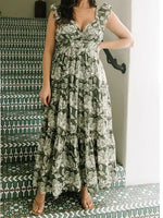 Vintage Garden Floral Tiered Maxi Dress with Ruffle Sleeves