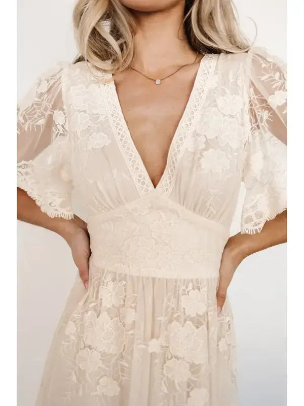 Romantic Cream Lace Wedding Guest & Party Midi Dress