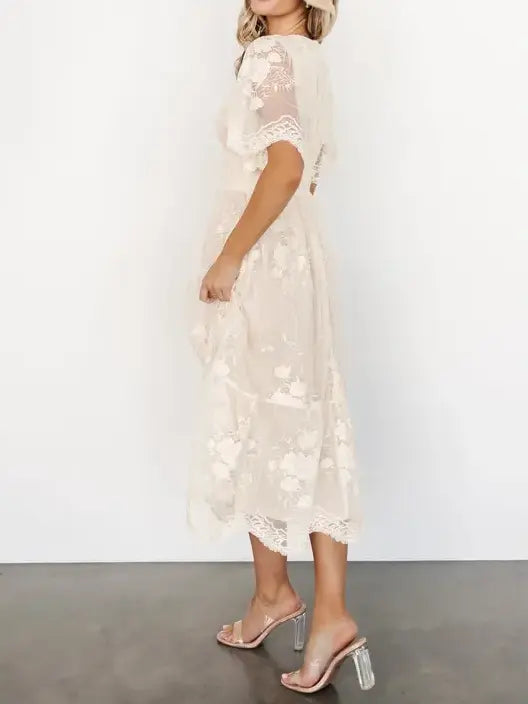 Romantic Cream Lace Wedding Guest & Party Midi Dress