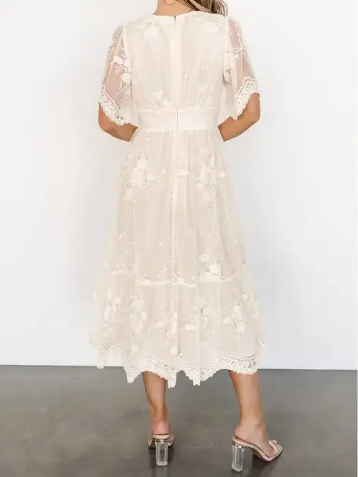 Romantic Cream Lace Wedding Guest & Party Midi Dress