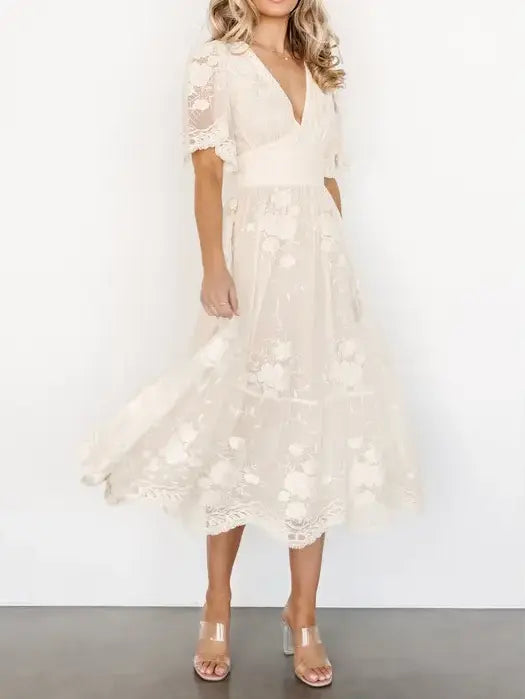 Romantic Cream Lace Wedding Guest & Party Midi Dress