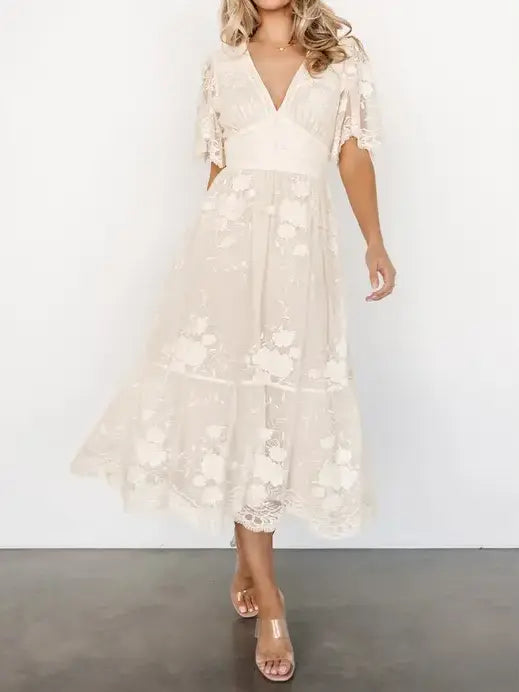 Romantic Cream Lace Wedding Guest & Party Midi Dress