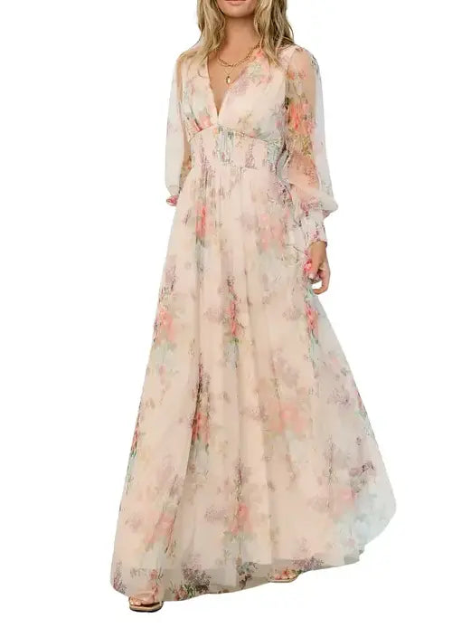 Romantic Floral Tulle Maxi Dress with Long Sleeves