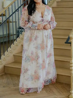 Romantic Floral Tulle Maxi Dress with Long Sleeves
