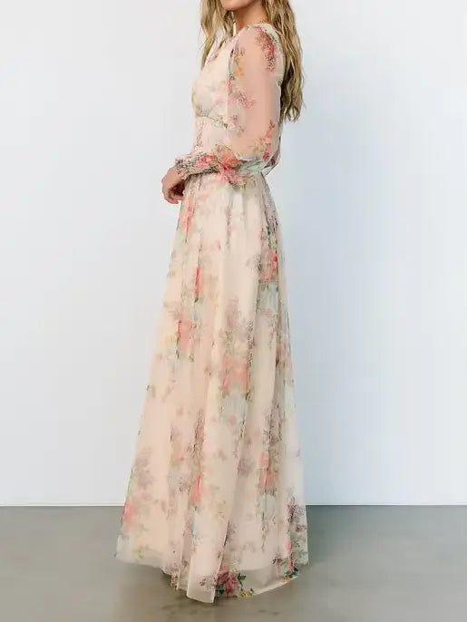 Romantic Floral Tulle Maxi Dress with Long Sleeves