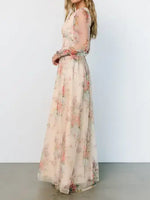 Romantic Floral Tulle Maxi Dress with Long Sleeves