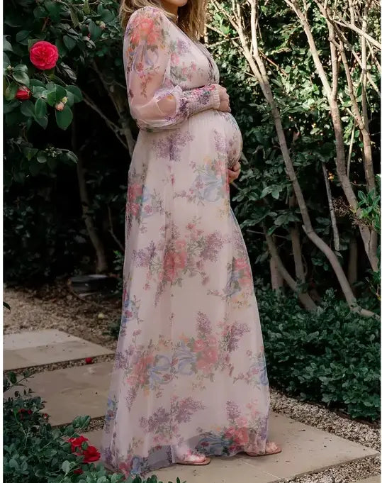 Romantic Floral Tulle Maxi Dress with Long Sleeves