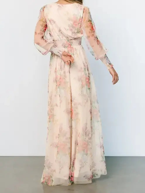 Romantic Floral Tulle Maxi Dress with Long Sleeves