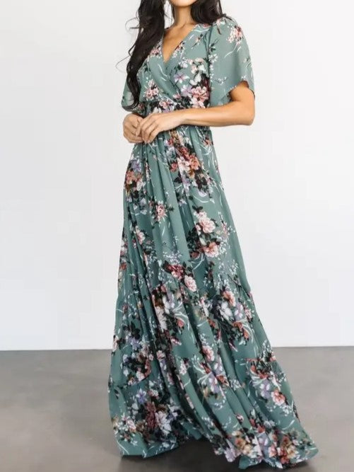 Vintage Dusty Green Floral Print V-Neck Short Sleeve Maxi Dress