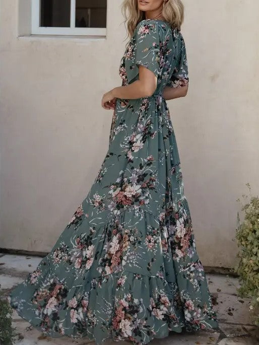 Vintage Dusty Green Floral Print V-Neck Short Sleeve Maxi Dress