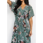 Vintage Dusty Green Floral Print V-Neck Short Sleeve Maxi Dress