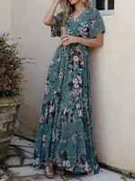 Vintage Dusty Green Floral Print V-Neck Short Sleeve Maxi Dress