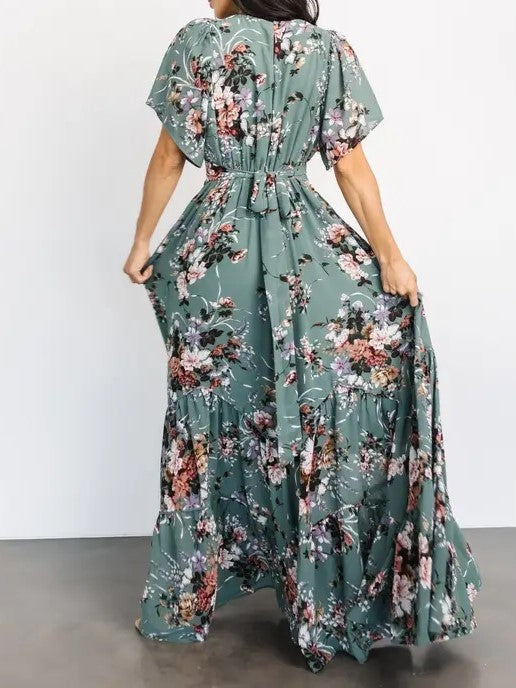 Vintage Dusty Green Floral Print V-Neck Short Sleeve Maxi Dress