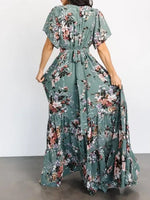 Vintage Dusty Green Floral Print V-Neck Short Sleeve Maxi Dress