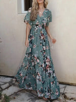 Vintage Dusty Green Floral Print V-Neck Short Sleeve Maxi Dress