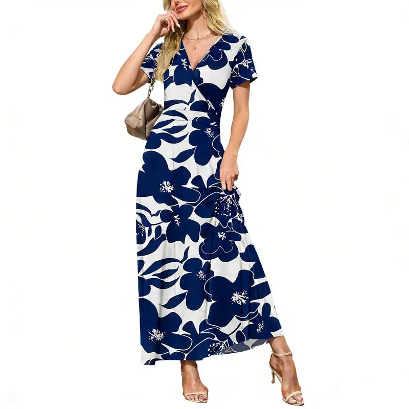 Women's V neck Ankle Length Floral Print Beach Long Flowy Maxi Dresses With Pockets
