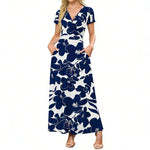 Women's V neck Ankle Length Floral Print Beach Long Flowy Maxi Dresses With Pockets