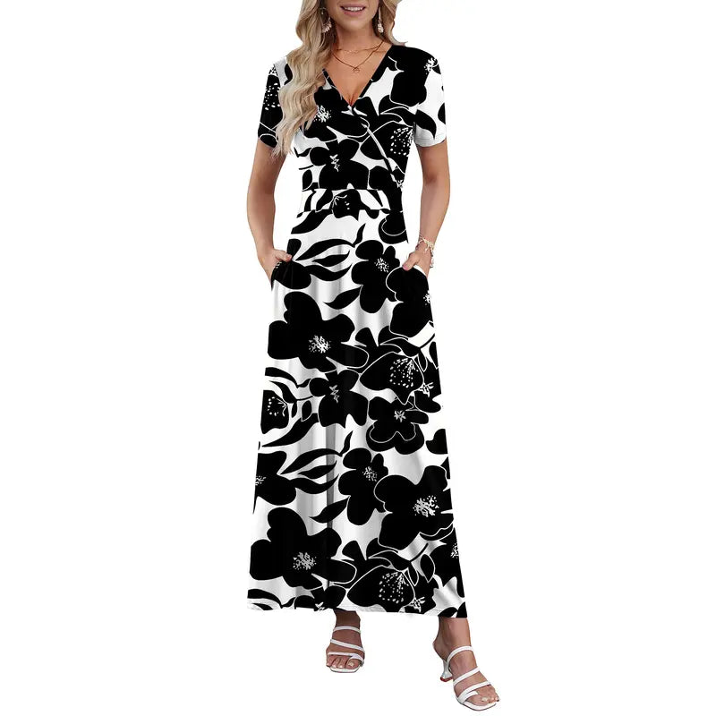 Women's V neck Ankle Length Floral Print Beach Long Flowy Maxi Dresses With Pockets