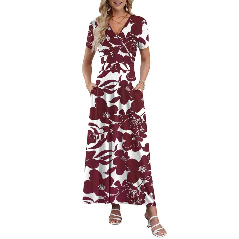 Women's V neck Ankle Length Floral Print Beach Long Flowy Maxi Dresses With Pockets