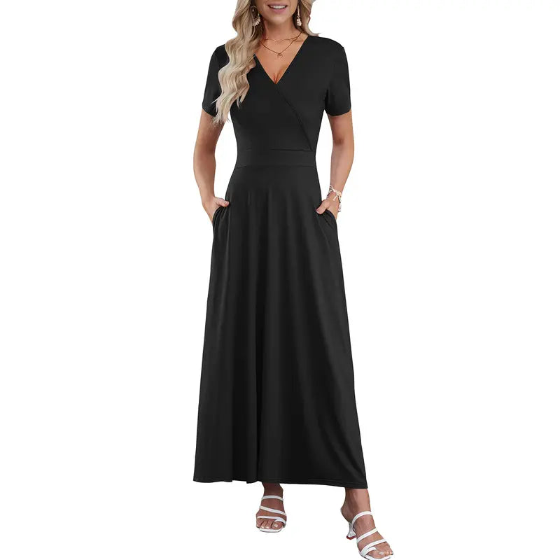 Women's V neck Ankle Length Floral Print Beach Long Flowy Maxi Dresses With Pockets