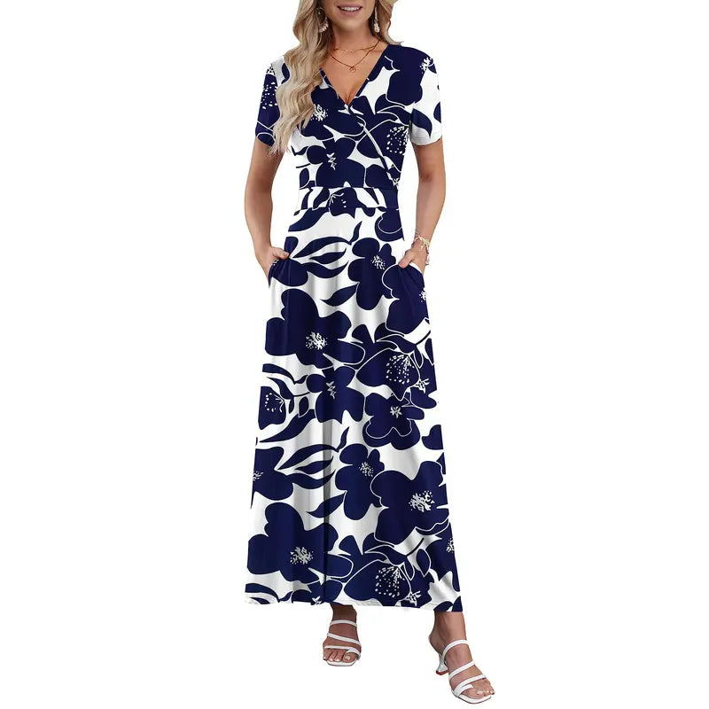 Women's V neck Ankle Length Floral Print Beach Long Flowy Maxi Dresses With Pockets