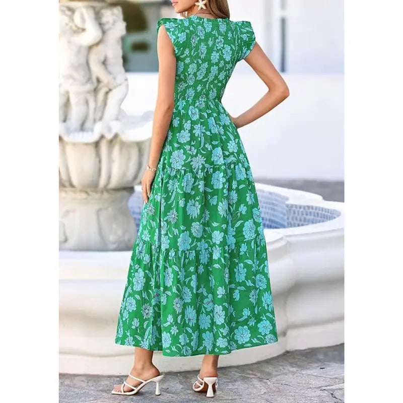 Women's Cotton Boho Floral Maxi Dress Summer Smocked V Neck Ruffle Sleeve Spring Flowy Beach Vacation Sundresses