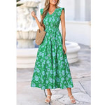 Women's Cotton Boho Floral Maxi Dress Summer Smocked V Neck Ruffle Sleeve Spring Flowy Beach Vacation Sundresses