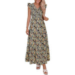 Women's Cotton Boho Floral Maxi Dress Summer Smocked V Neck Ruffle Sleeve Spring Flowy Beach Vacation Sundresses
