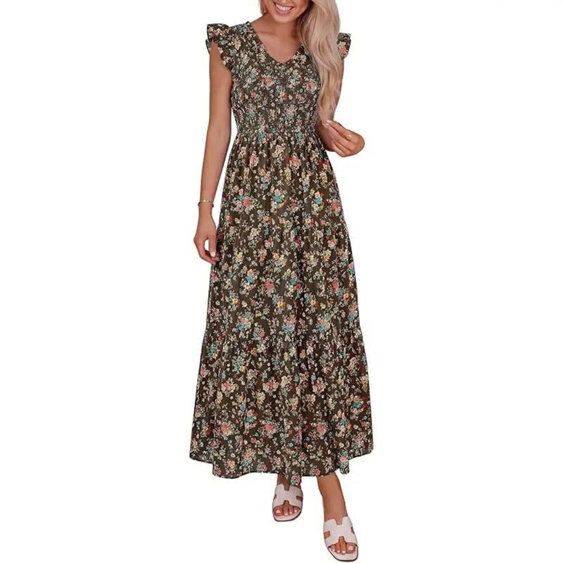 Women's Cotton Boho Floral Maxi Dress Summer Smocked V Neck Ruffle Sleeve Spring Flowy Beach Vacation Sundresses