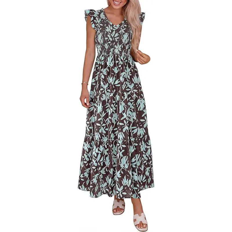 Women's Cotton Boho Floral Maxi Dress Summer Smocked V Neck Ruffle Sleeve Spring Flowy Beach Vacation Sundresses