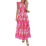 Women's Cotton Boho Floral Maxi Dress Summer Smocked V Neck Ruffle Sleeve Spring Flowy Beach Vacation Sundresses