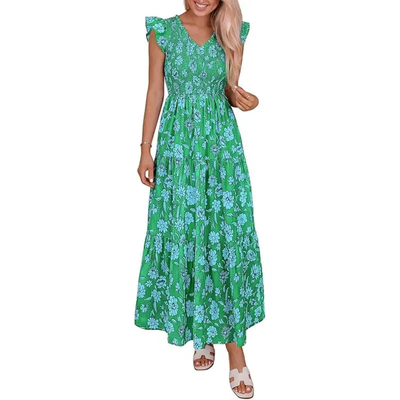Women's Cotton Boho Floral Maxi Dress Summer Smocked V Neck Ruffle Sleeve Spring Flowy Beach Vacation Sundresses
