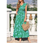 Women's Cotton Boho Floral Maxi Dress Summer Smocked V Neck Ruffle Sleeve Spring Flowy Beach Vacation Sundresses