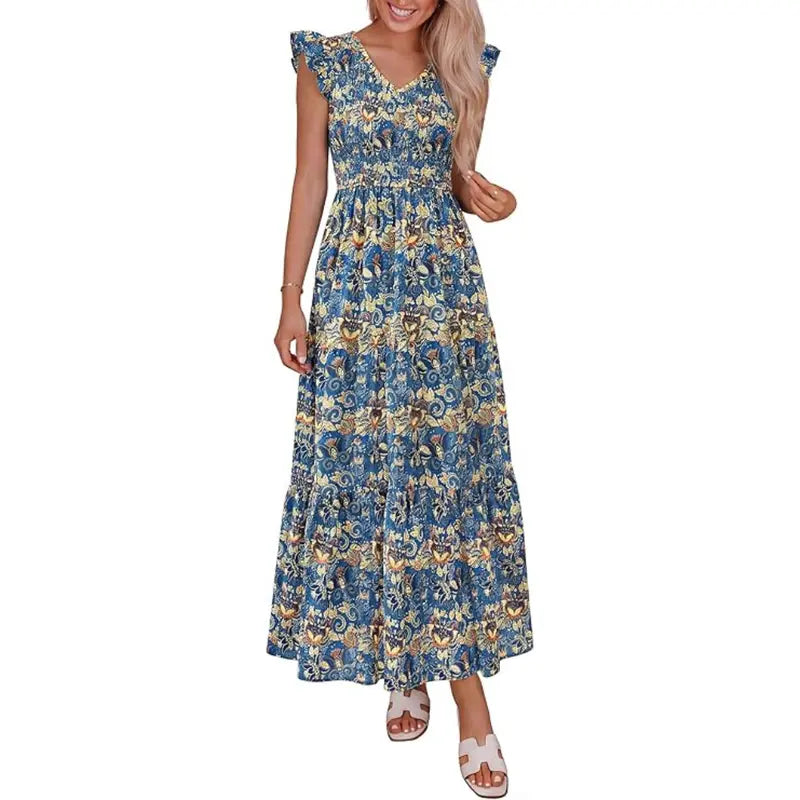 Women's Cotton Boho Floral Maxi Dress Summer Smocked V Neck Ruffle Sleeve Spring Flowy Beach Vacation Sundresses