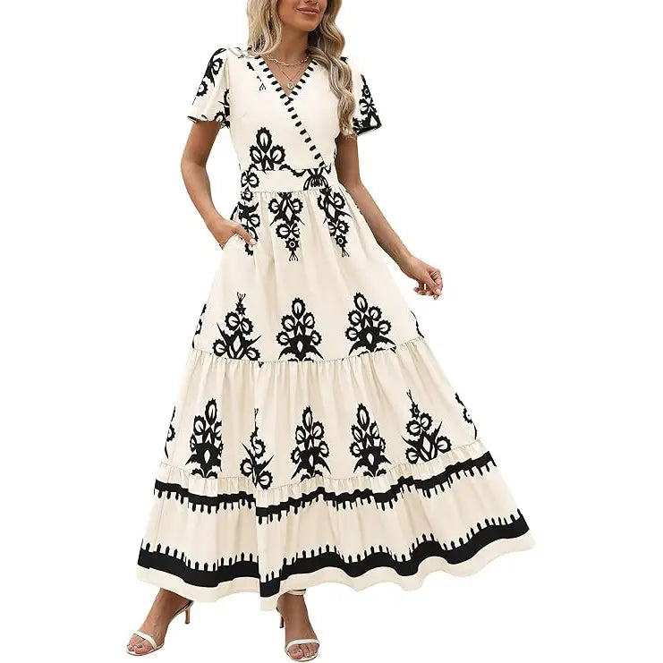 Women's Summer Casual V Neck Boho Maxi Dress Flowy Aline Bell Sleeve Tiered Floral Dresses with Pocket Comfort Bohemian Womenswear V-Neck Short Sleeve