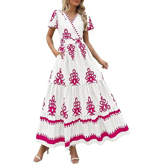 Women's Summer Casual V Neck Boho Maxi Dress Flowy Aline Bell Sleeve Tiered Floral Dresses with Pocket Comfort Bohemian Womenswear V-Neck Short Sleeve