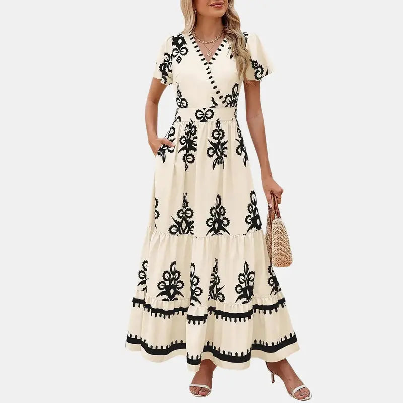 Women's Summer Casual V Neck Boho Maxi Dress Flowy Aline Bell Sleeve Tiered Floral Dresses with Pocket Comfort Bohemian Womenswear V-Neck Short Sleeve