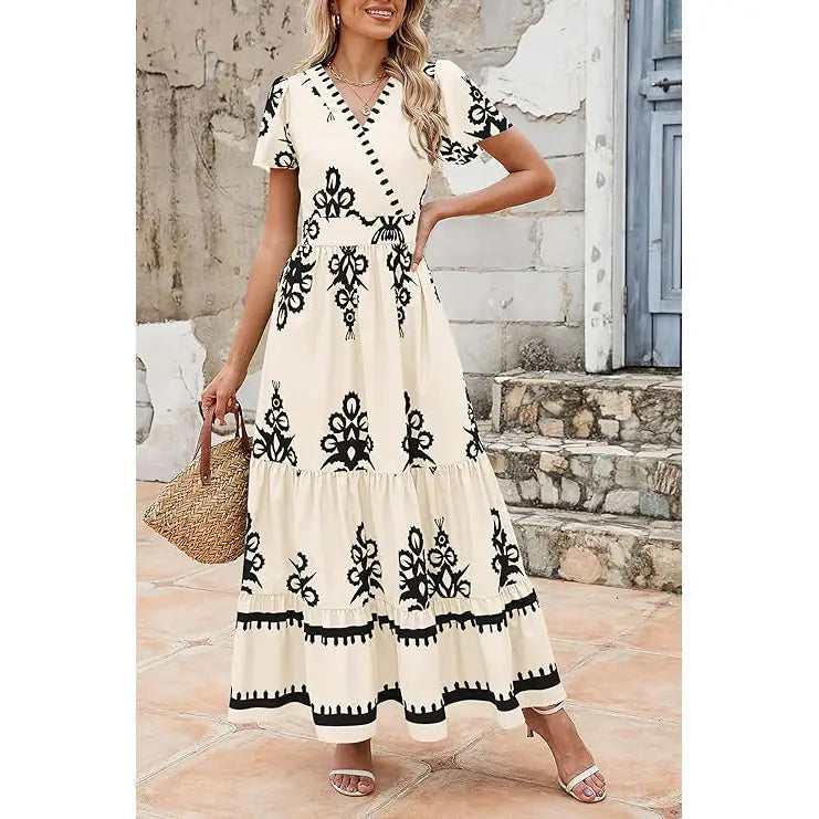 Women's Summer Casual V Neck Boho Maxi Dress Flowy Aline Bell Sleeve Tiered Floral Dresses with Pocket Comfort Bohemian Womenswear V-Neck Short Sleeve