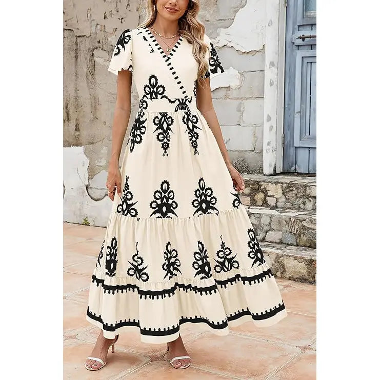 Women's Summer Casual V Neck Boho Maxi Dress Flowy Aline Bell Sleeve Tiered Floral Dresses with Pocket Comfort Bohemian Womenswear V-Neck Short Sleeve