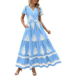 Women's Summer Casual V Neck Boho Maxi Dress Flowy Aline Bell Sleeve Tiered Floral Dresses with Pocket Comfort Bohemian Womenswear V-Neck Short Sleeve