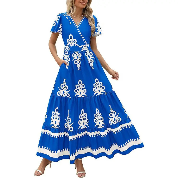 Women's Summer Casual V Neck Boho Maxi Dress Flowy Aline Bell Sleeve Tiered Floral Dresses with Pocket Comfort Bohemian Womenswear V-Neck Short Sleeve