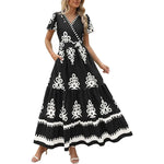 Women's Summer Casual V Neck Boho Maxi Dress Flowy Aline Bell Sleeve Tiered Floral Dresses with Pocket Comfort Bohemian Womenswear V-Neck Short Sleeve