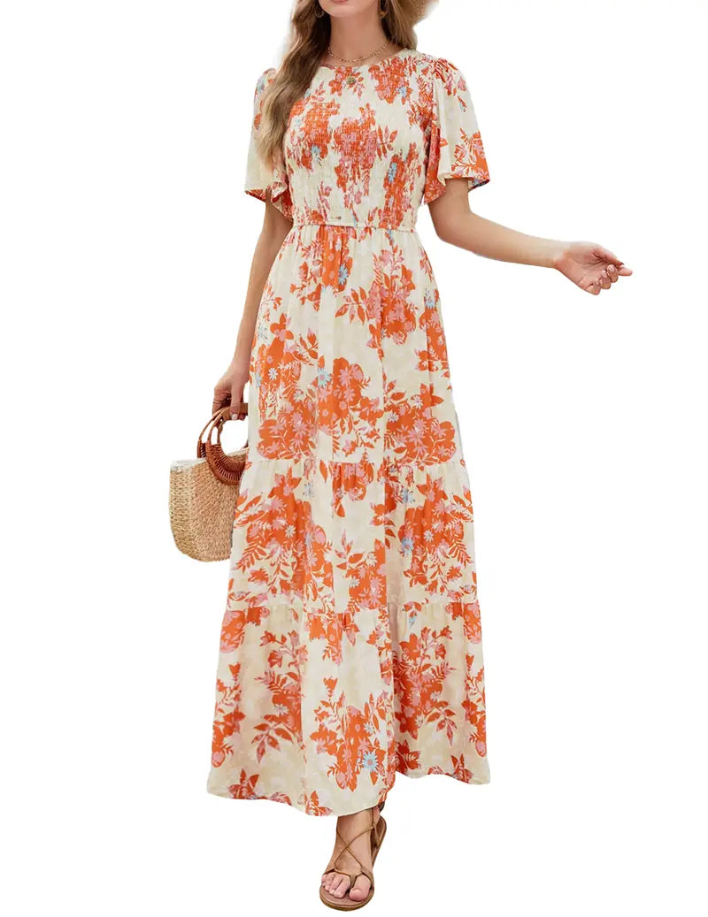Women's 2026 Summer Casual Floral Print Short Flutter Sleeve Crew Neck Smocked High Waist Flowy Maxi