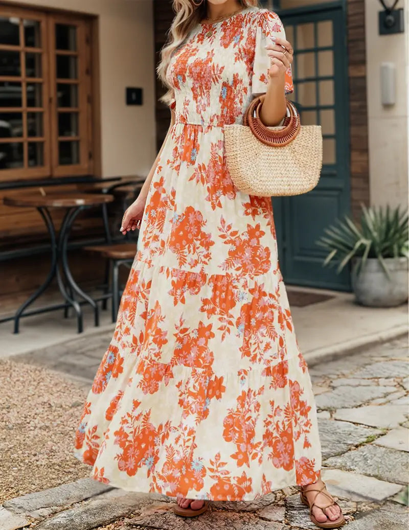 Women's 2026 Summer Casual Floral Print Short Flutter Sleeve Crew Neck Smocked High Waist Flowy Maxi